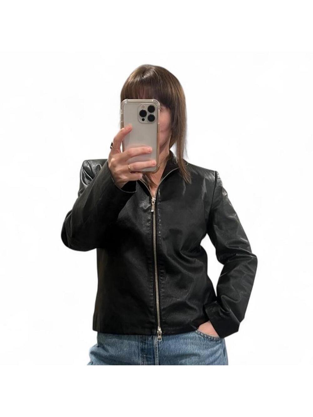 Vintage Black Genuine Leather Zip Jacket | Minimal Y2K Moto